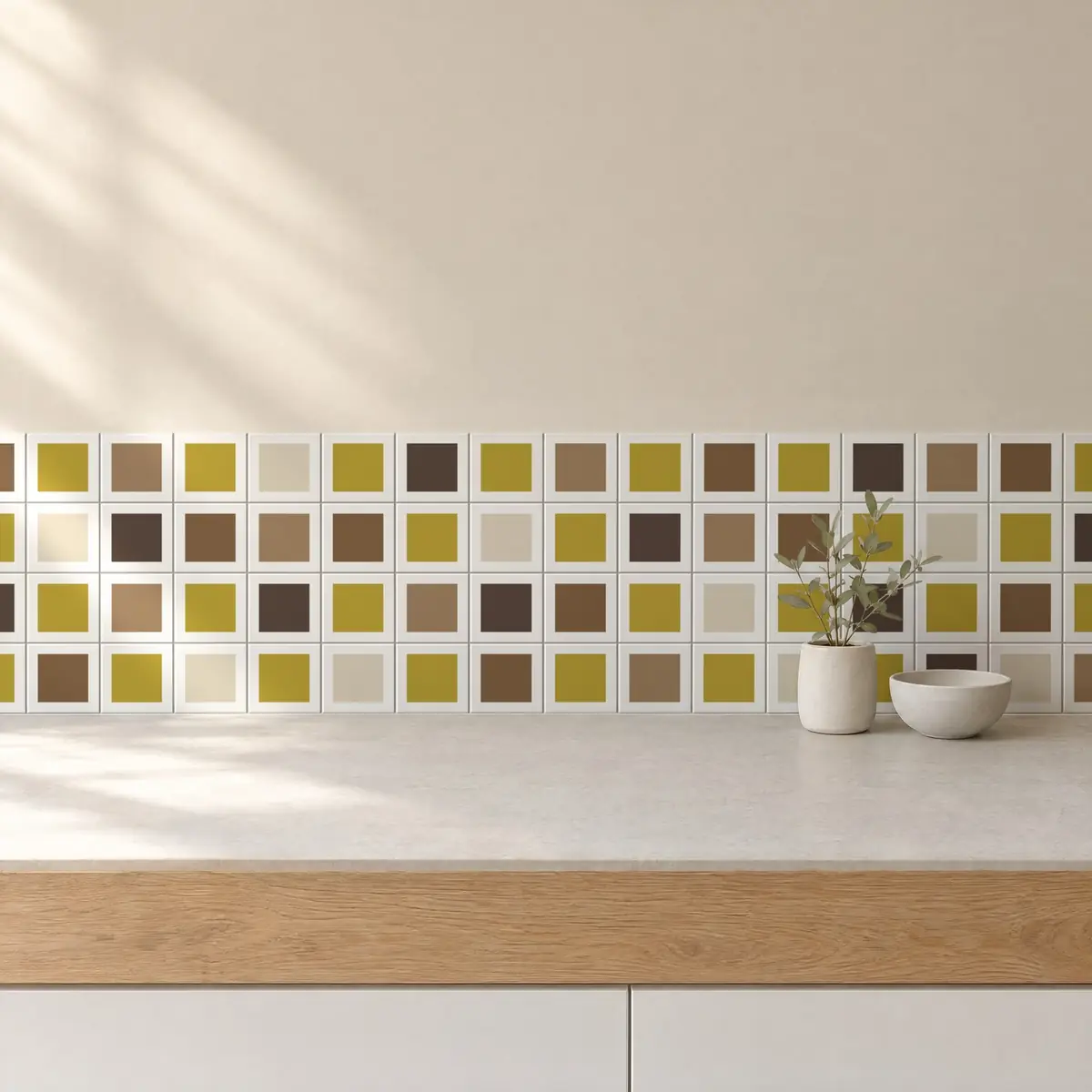 Cocina con Azulejo Square Blanco Brillo 10x10 Arena combinado con otros colores