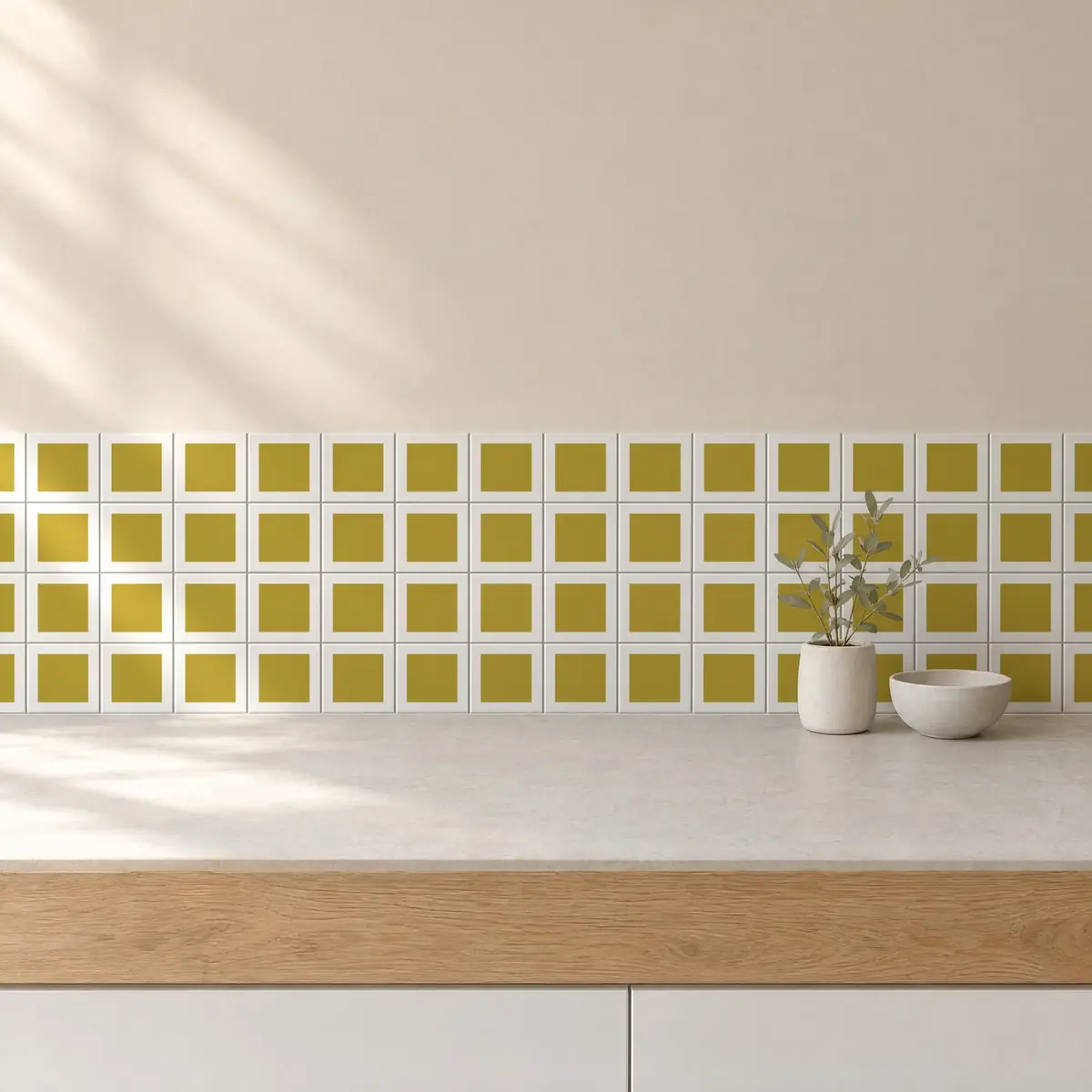 Cocina con Azulejo Square Blanco Brillo 10x10 Arena de frente de encimera