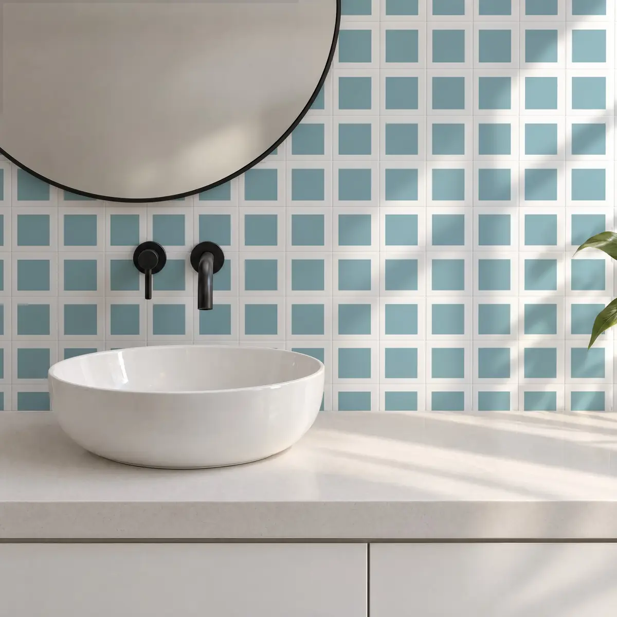 Baño alicatado con Azulejo Square Blanco Brillo 10x10 Azul Bebé