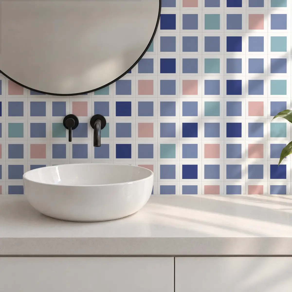Baño alicatado con Azulejo Square Blanco Brillo 10x10 Azul Cielo combinado con otros colores
