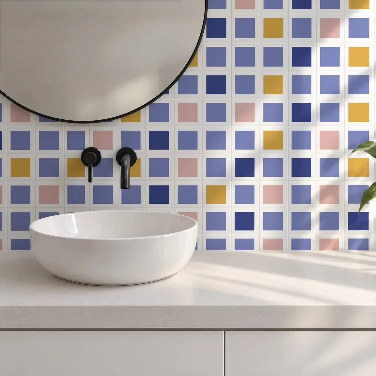Baño alicatado con Azulejo Square Blanco Brillo 10x10 Azul Claro combinado con otros colores