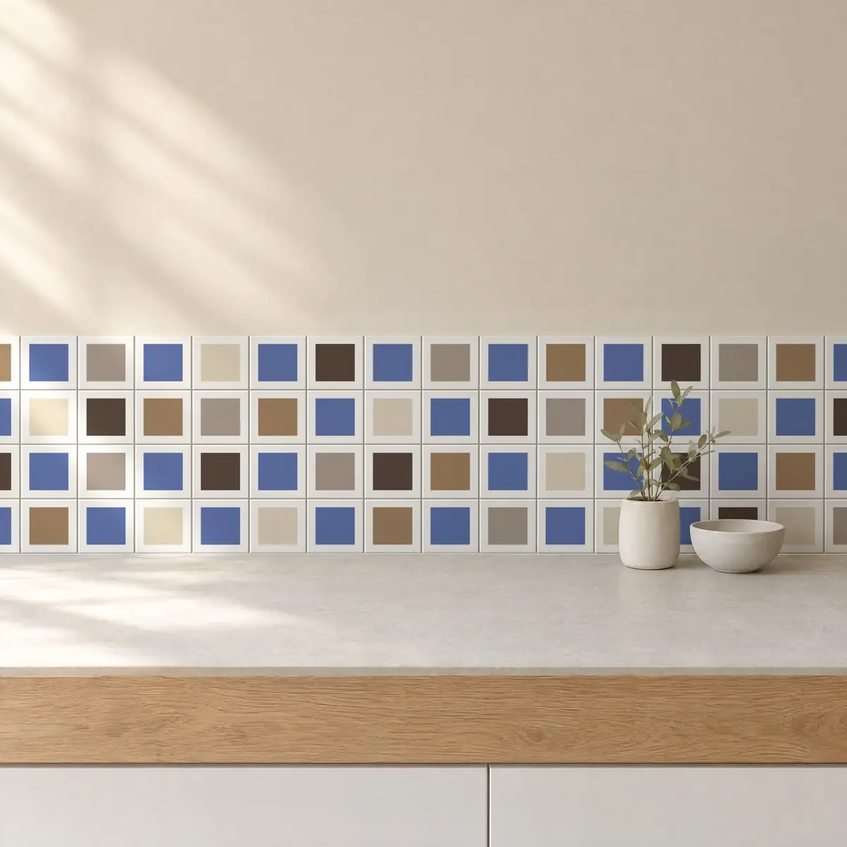 Cocina con Azulejo Square Blanco Brillo 10x10 Azul Marino combinado con otros colores