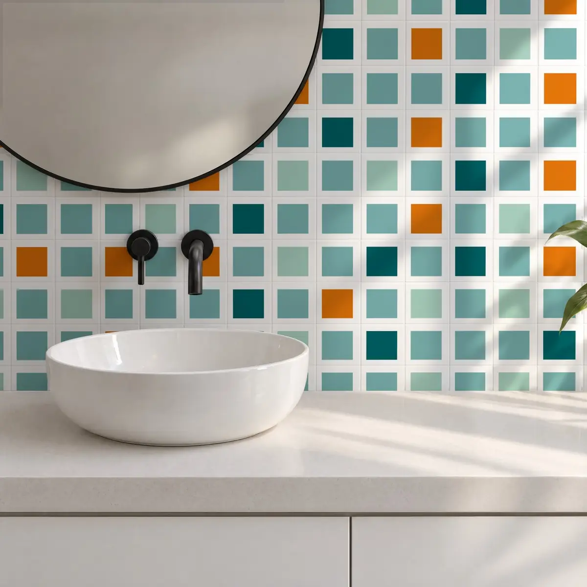 Baño alicatado con Azulejo Square Blanco Brillo 10x10 Azul Océano combinado con otros colores