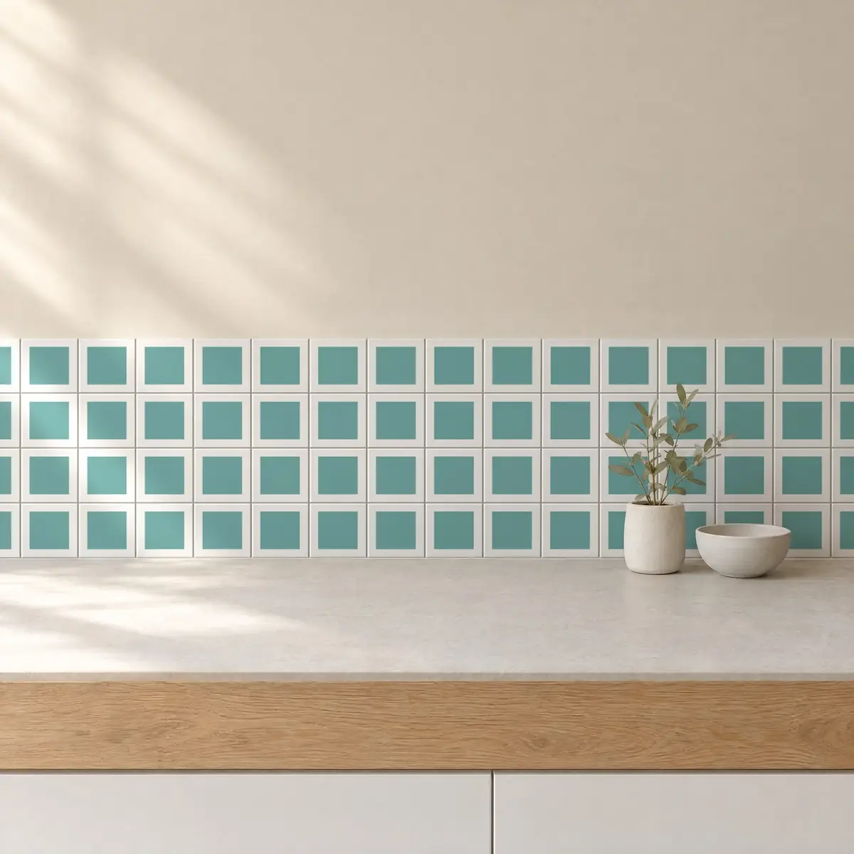 Cocina con Azulejo Square Blanco Brillo 10x10 Azul Océano de frente de encimera