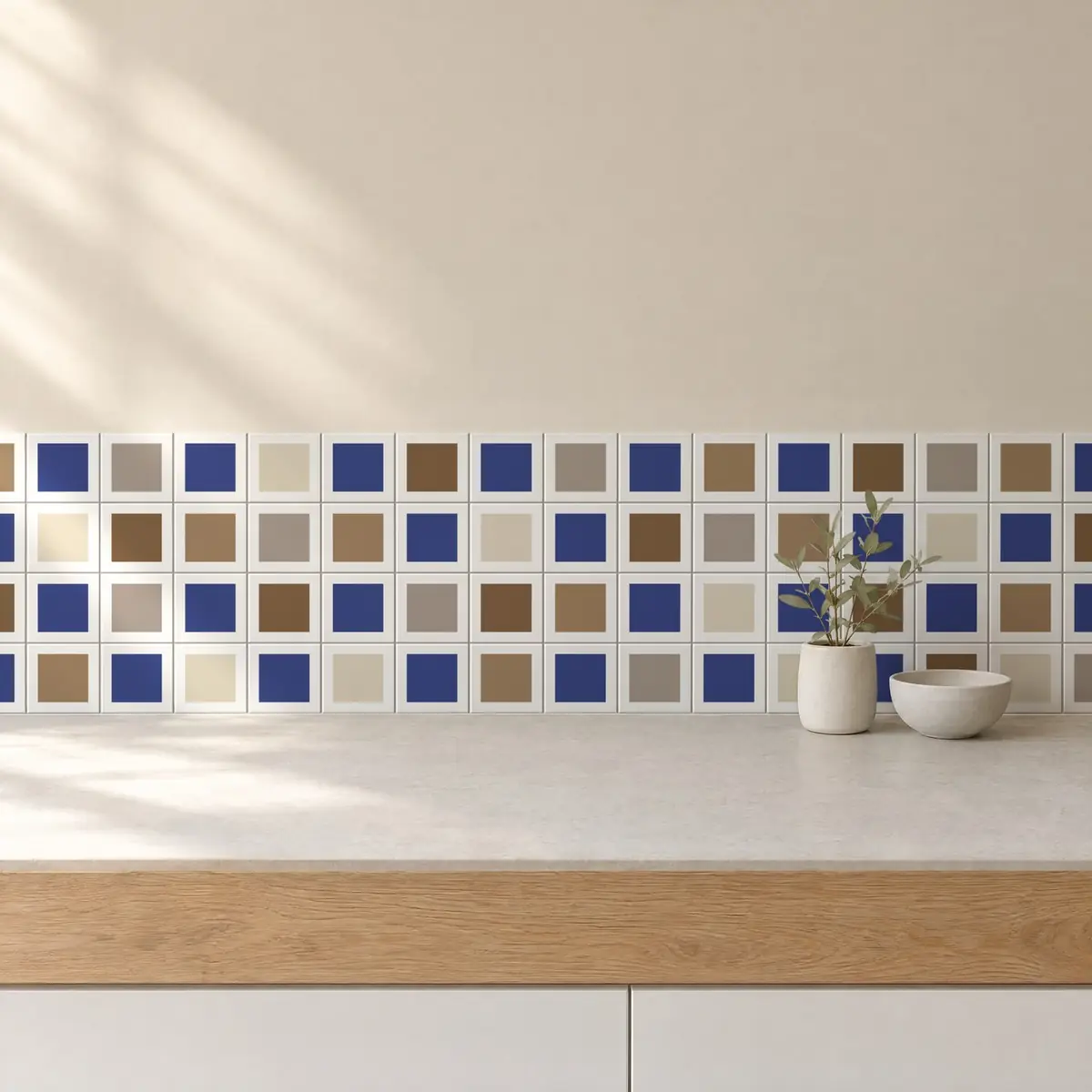 Cocina con Azulejo Square Blanco Brillo 10x10 Azul Oscuro combinado con otros colores