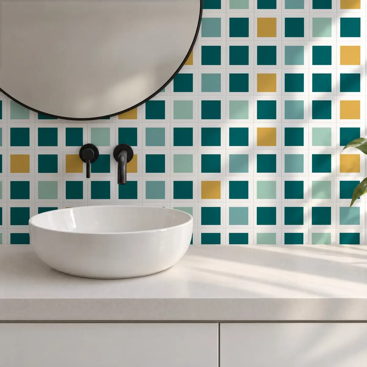 Baño alicatado con Azulejo Square Blanco Brillo 10x10 Azul Turquesa combinado con otros colores