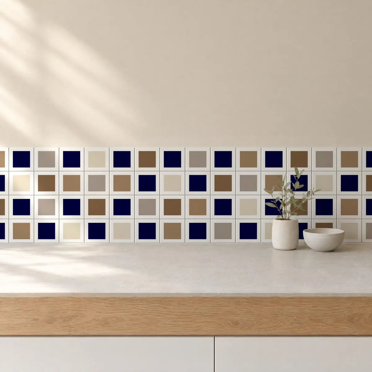 Cocina con Azulejo Square Blanco Brillo 10x10 Azul Victoriano combinado con otros colores