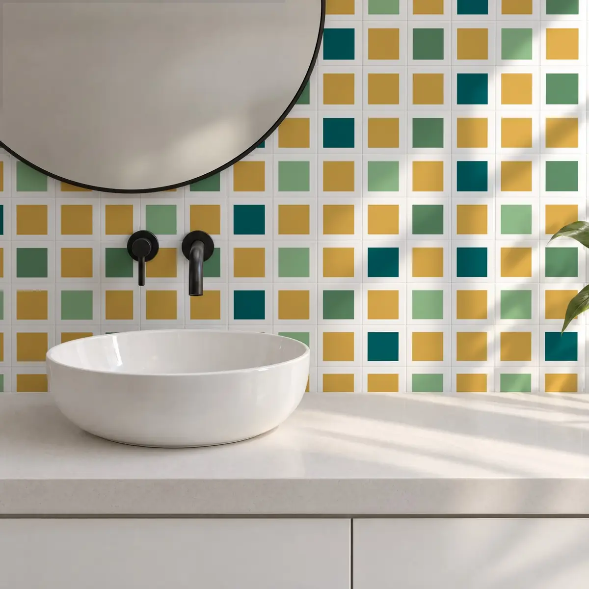 Baño alicatado con Azulejo Square Blanco Brillo 10x10 Beige combinado con otros colores