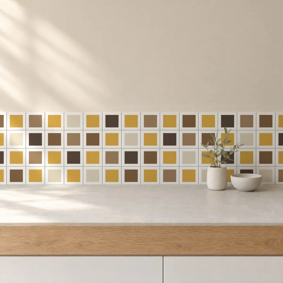 Cocina con Azulejo Square Blanco Brillo 10x10 Beige combinado con otros colores