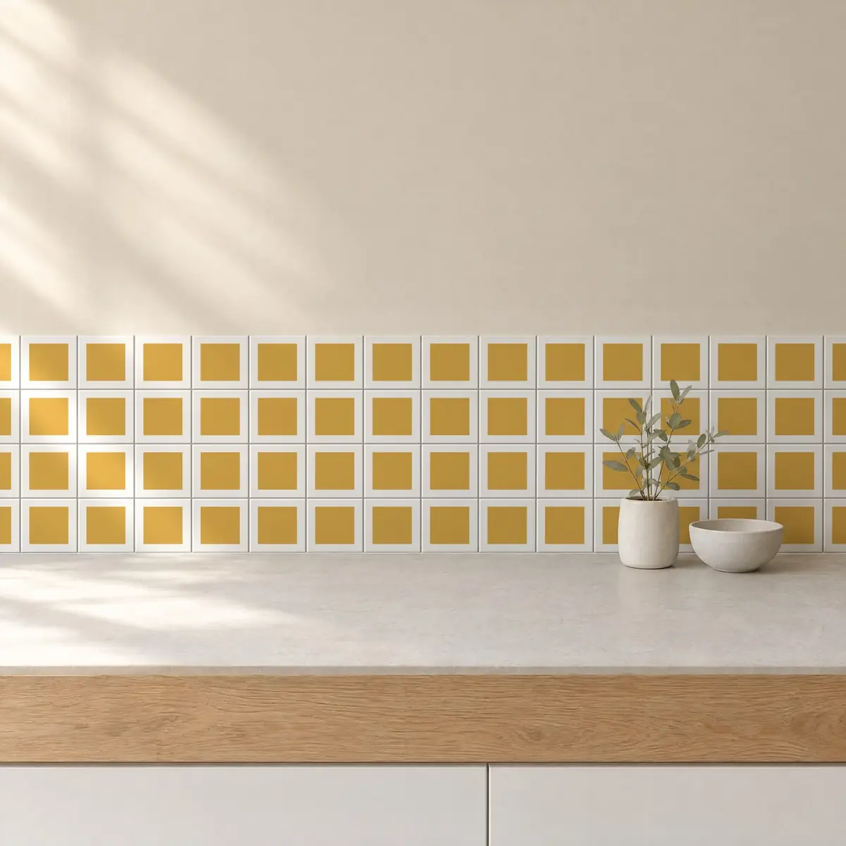 Cocina con Azulejo Square Blanco Brillo 10x10 Beige de frente de encimera