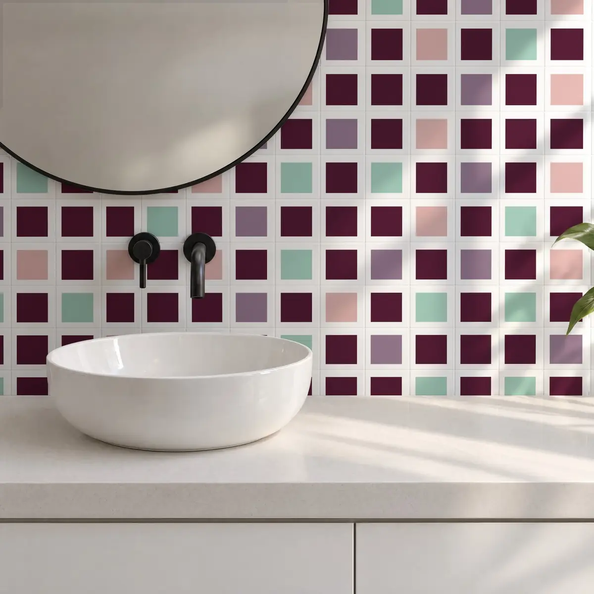 Baño alicatado con Azulejo Square Blanco Brillo 10x10 Berenjena combinado con otros colores