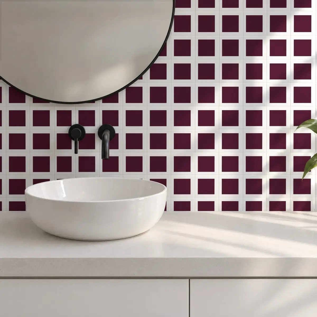 Baño alicatado con Azulejo Square Blanco Brillo 10x10 Berenjena