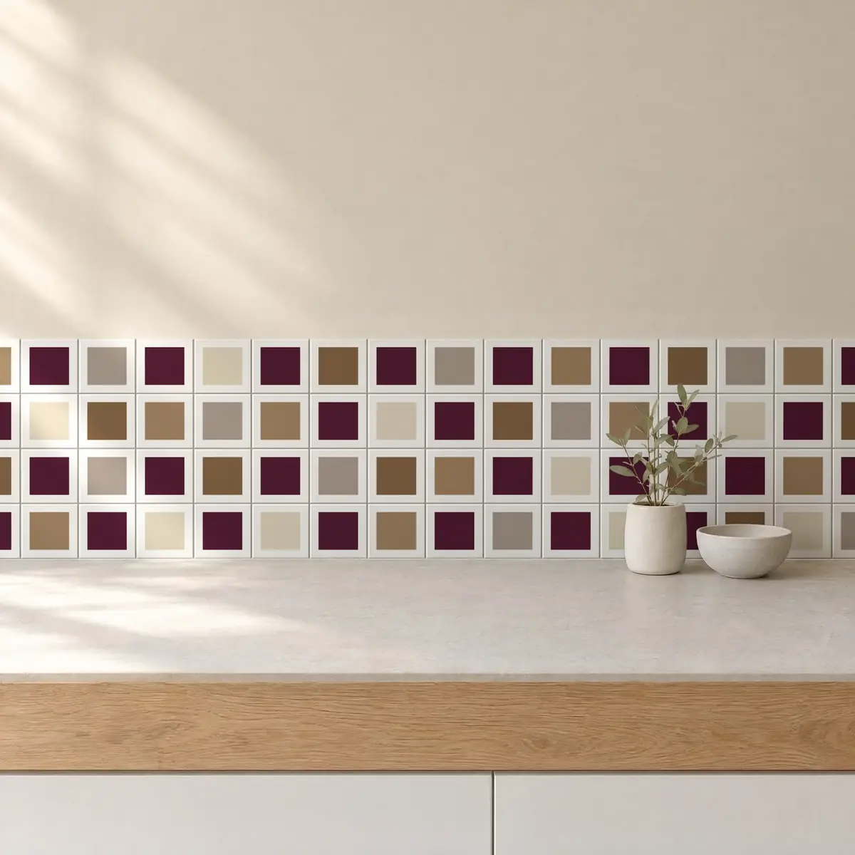 Cocina con Azulejo Square Blanco Brillo 10x10 Berenjena combinado con otros colores
