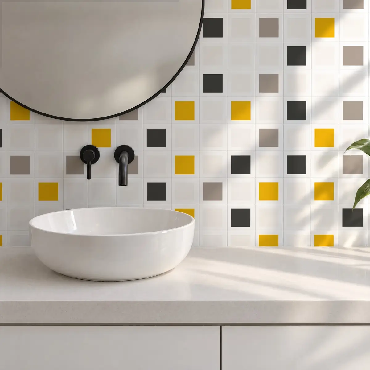 Baño alicatado con Azulejo Square Blanco Brillo 10x10 Blanco Perla combinado con otros colores