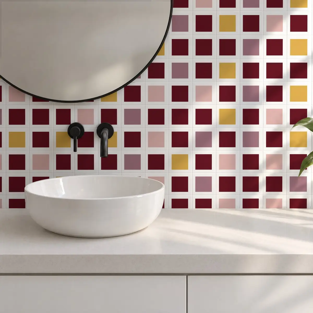 Baño alicatado con Azulejo Square Blanco Mate 10x10 Burdeos combinado con otros colores