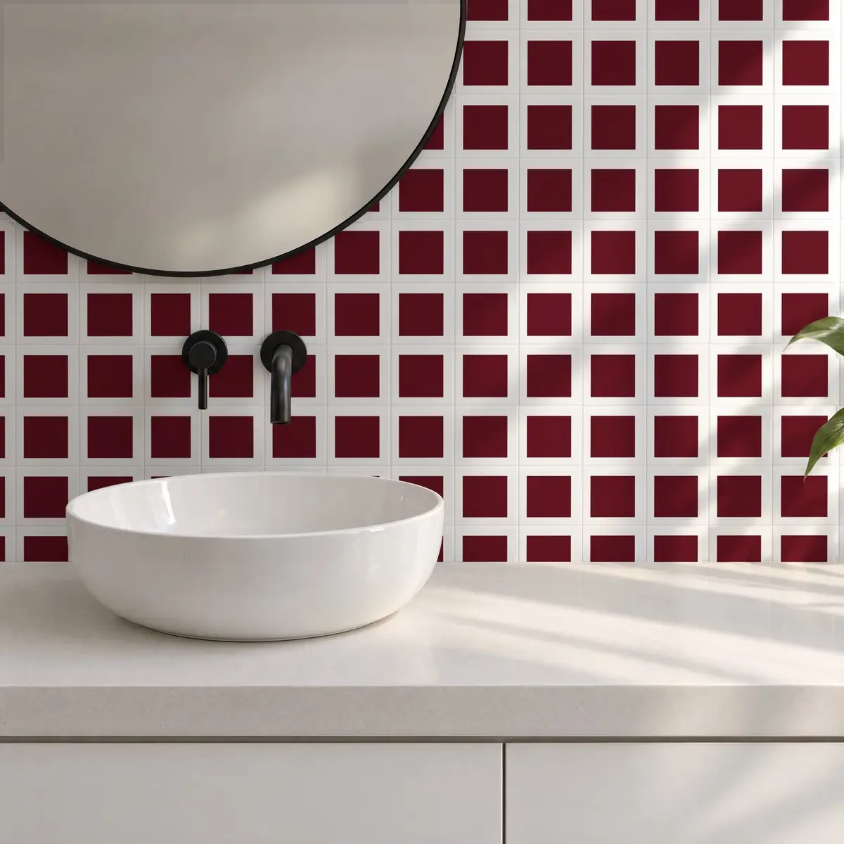 Baño alicatado con Azulejo Square Blanco Mate 10x10 Burdeos