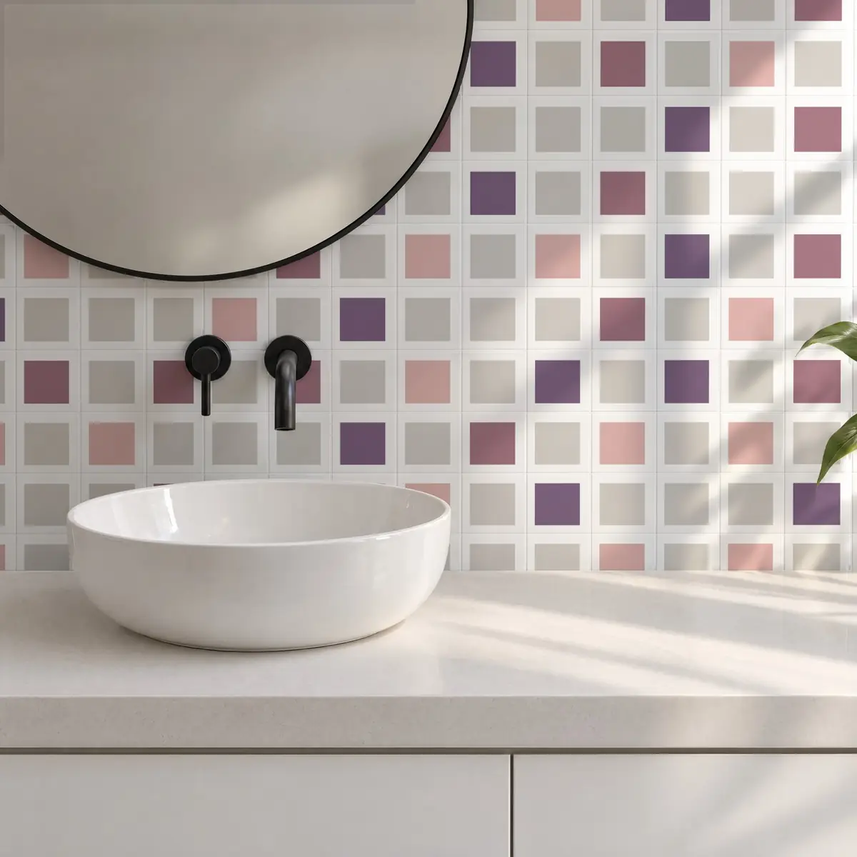 Baño alicatado con Azulejo Square Blanco Brillo 10x10 Gris Ceniza combinado con otros colores