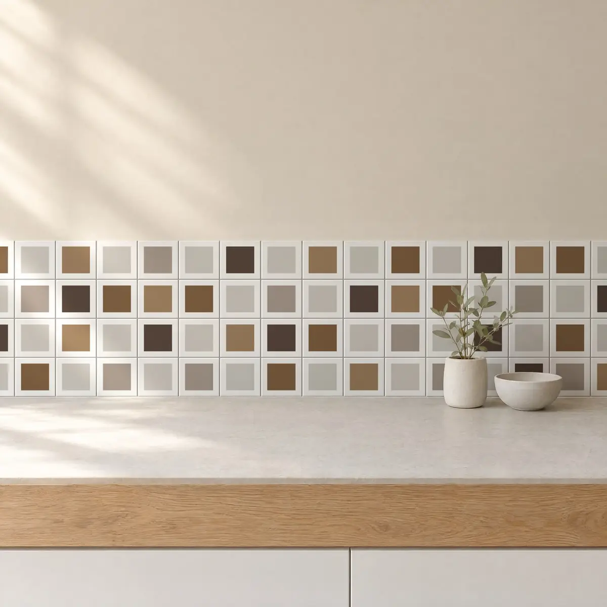 Cocina con Azulejo Square Blanco Brillo 10x10 Gris Ceniza combinado con otros colores