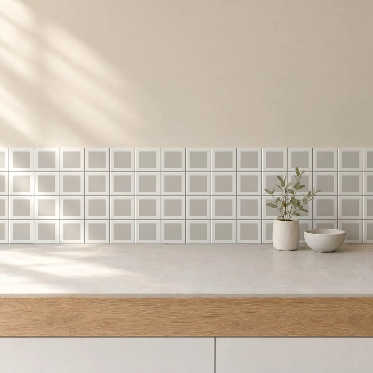 Cocina con Azulejo Square Blanco Brillo 10x10 Gris Ceniza de frente de encimera