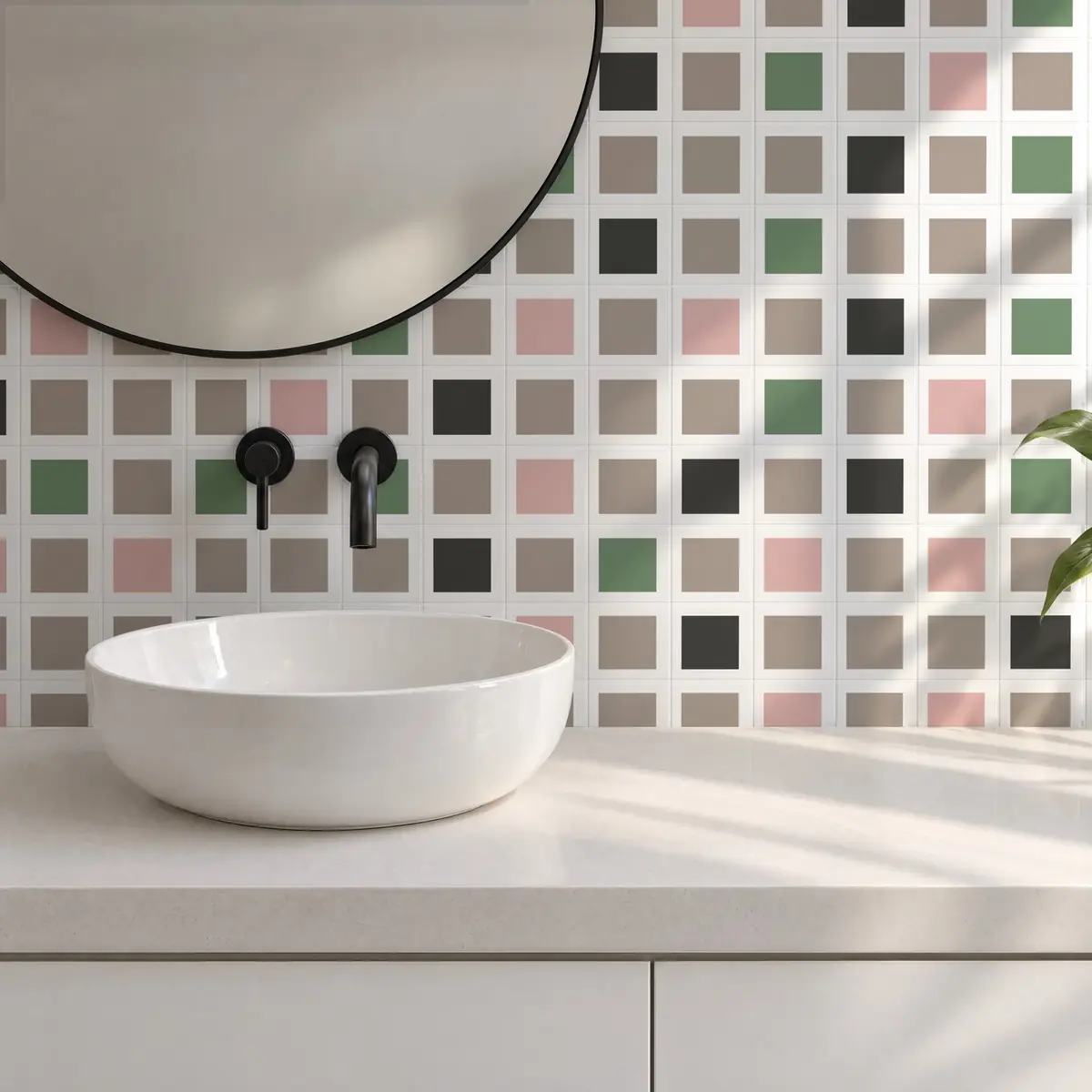 Baño alicatado con Azulejo Square Blanco Brillo 10x10 Gris Claro combinado con otros colores