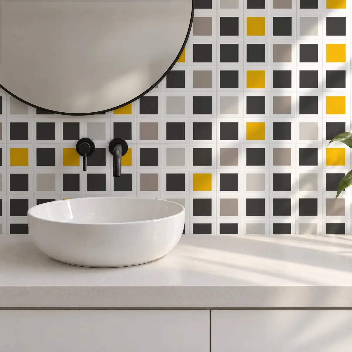 Baño alicatado con Azulejo Square Blanco Brillo 10x10 Gris Grafito combinado con otros colores