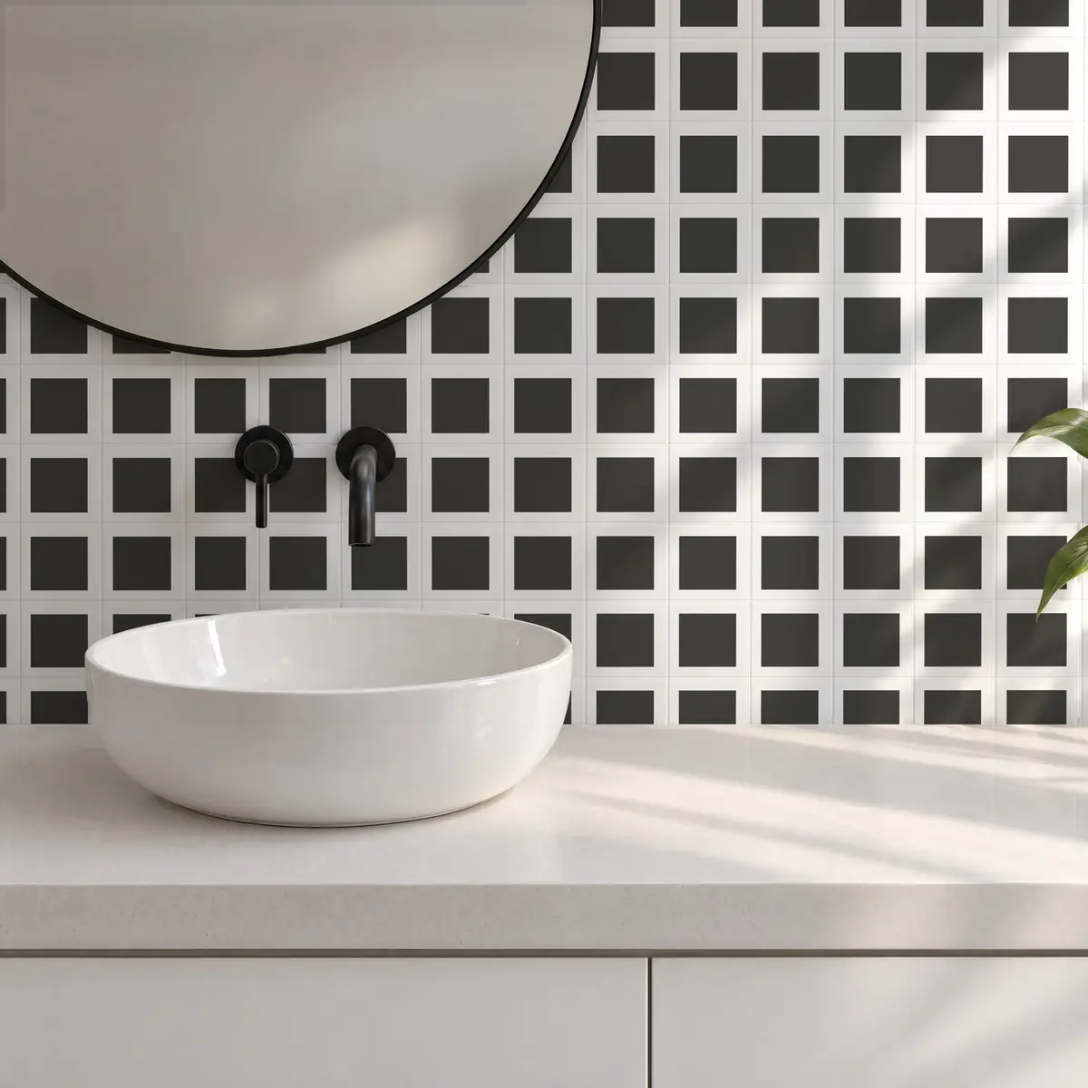 Baño alicatado con Azulejo Square Blanco Brillo 10x10 Gris Grafito