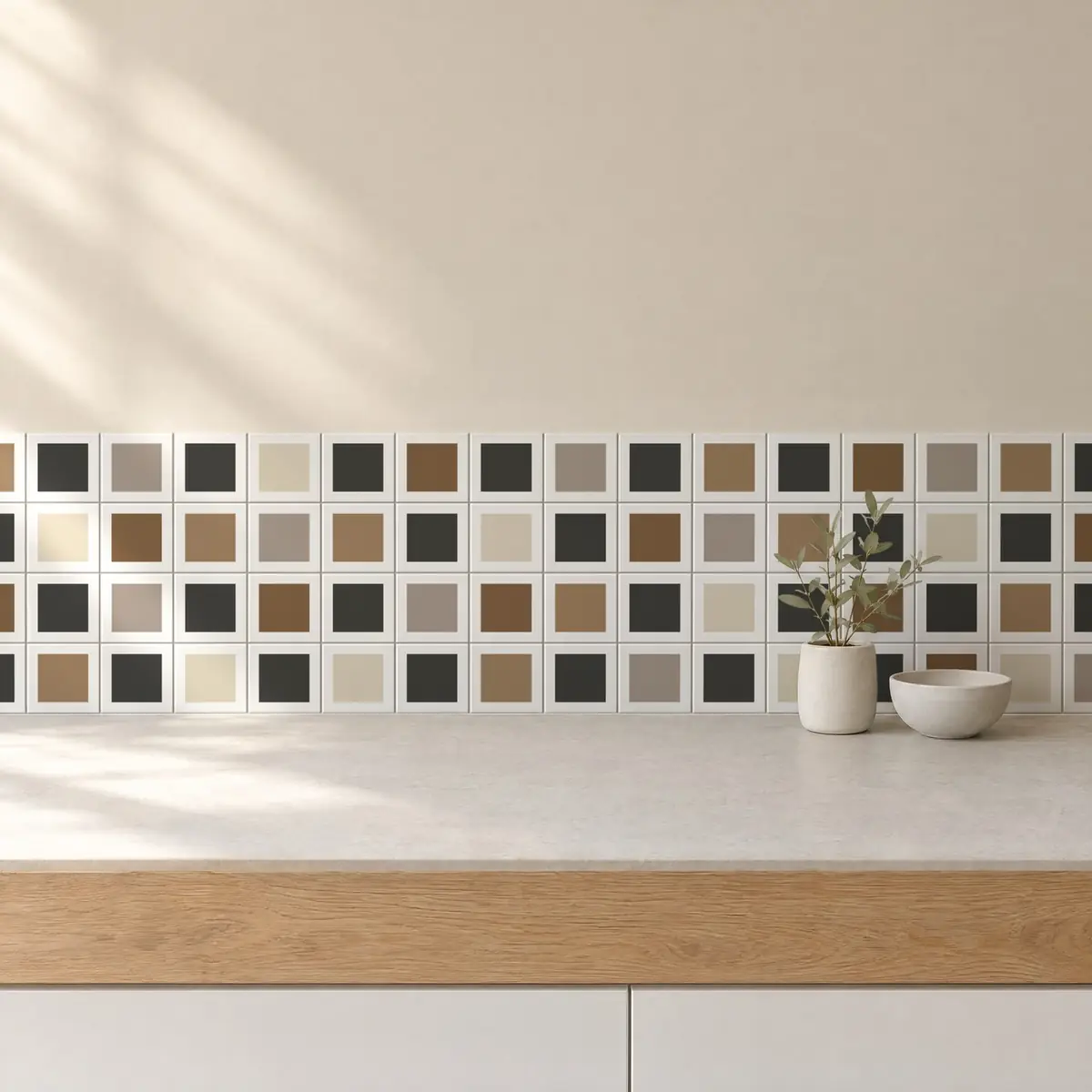 Cocina con Azulejo Square Blanco Brillo 10x10 Gris Grafito combinado con otros colores