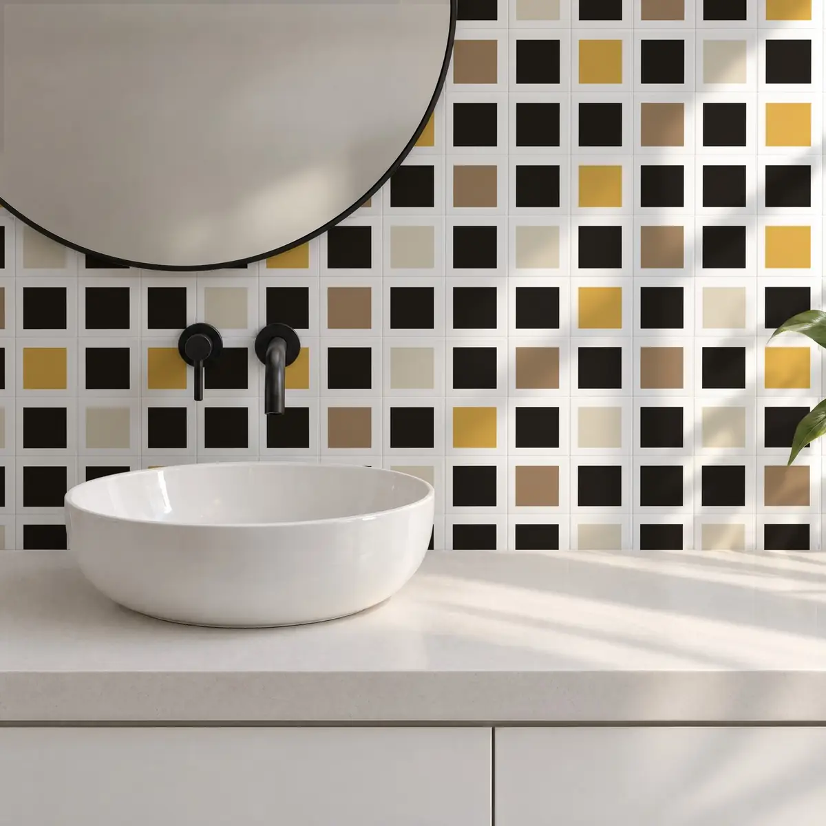 Baño alicatado con Azulejo Square Blanco Brillo 10x10 Gris Oscuro combinado con otros colores