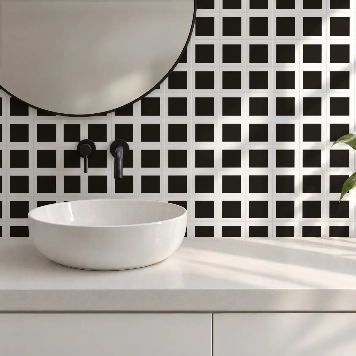 Baño alicatado con Azulejo Square Blanco Brillo 10x10 Gris Oscuro