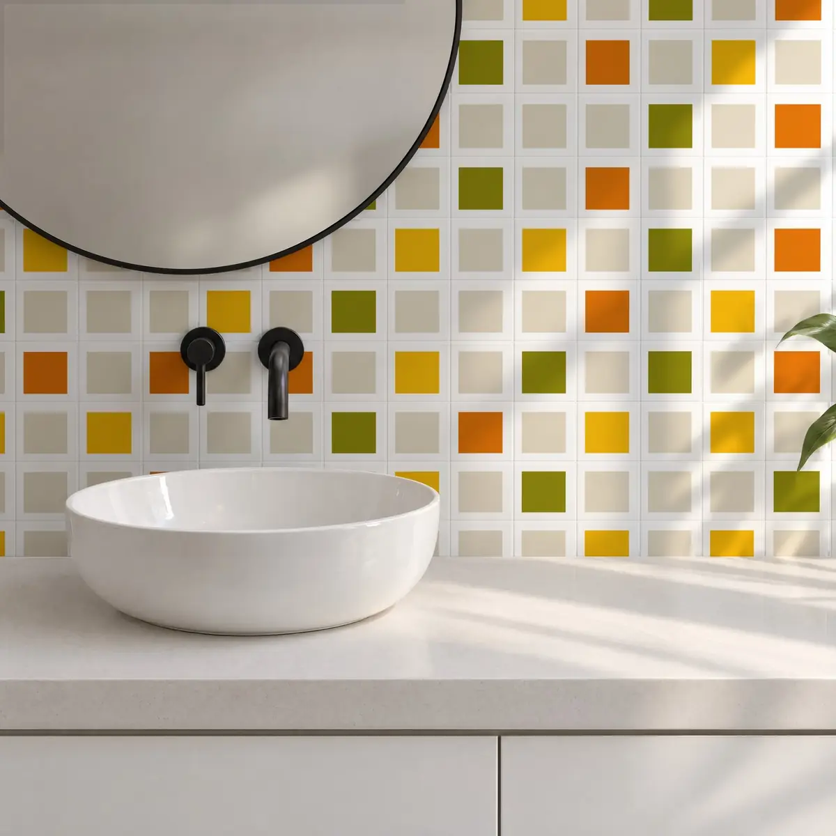 Baño alicatado con Azulejo Square Blanco Brillo 10x10 Hueso combinado con otros colores