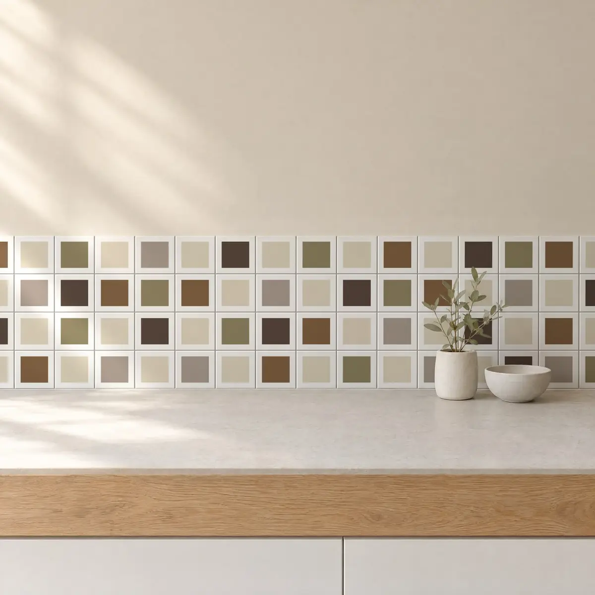 Cocina con Azulejo Square Blanco Brillo 10x10 Hueso combinado con otros colores