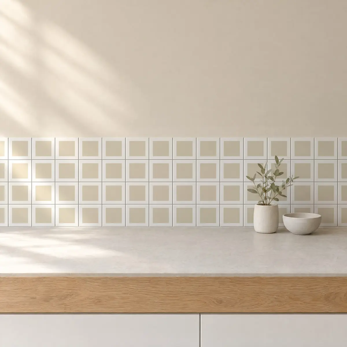 Cocina con Azulejo Square Blanco Brillo 10x10 Hueso de frente de encimera