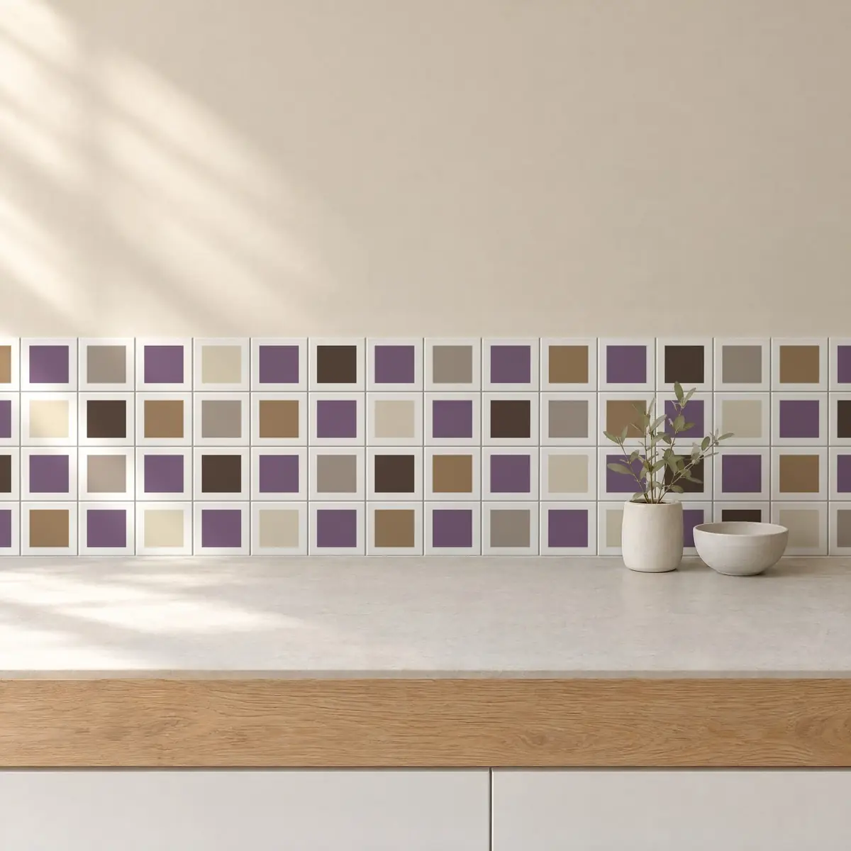 Cocina con Azulejo Square Blanco Brillo 10x10 Lila combinado con otros colores
