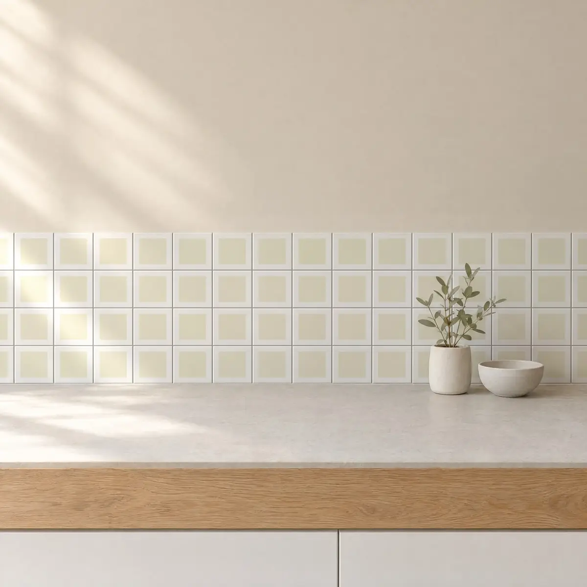 Cocina con Azulejo Square Blanco Brillo 10x10 Mantequilla de frente de encimera