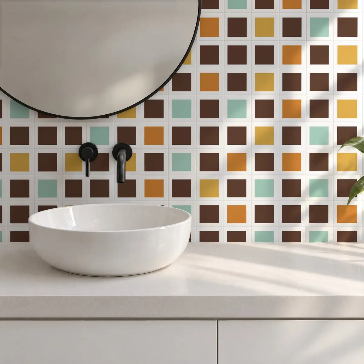 Baño alicatado con Azulejo Square Blanco Brillo 10x10 Marrón combinado con otros colores