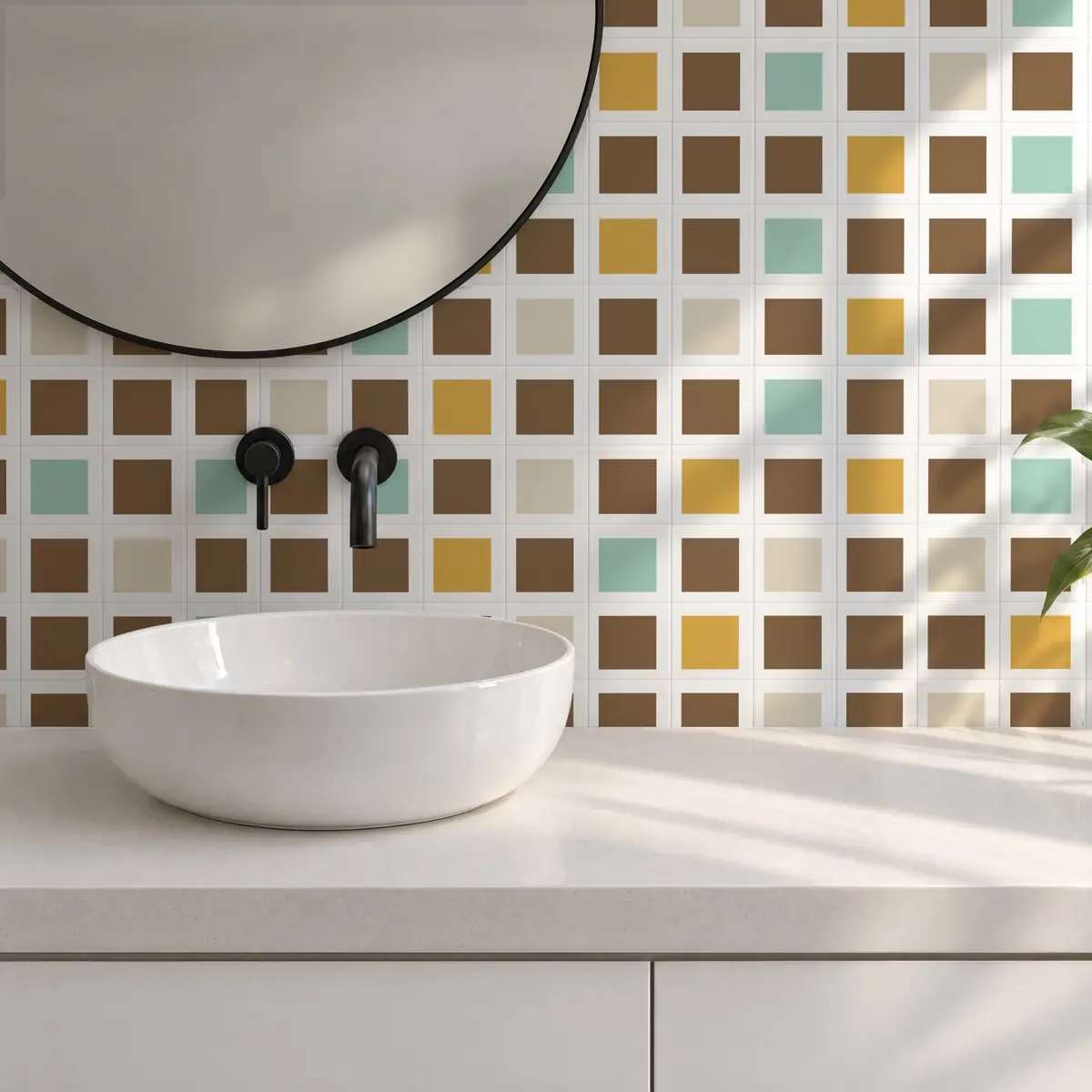 Baño alicatado con Azulejo Square Blanco Brillo 10x10 Marrón Caramelo combinado con otros colores