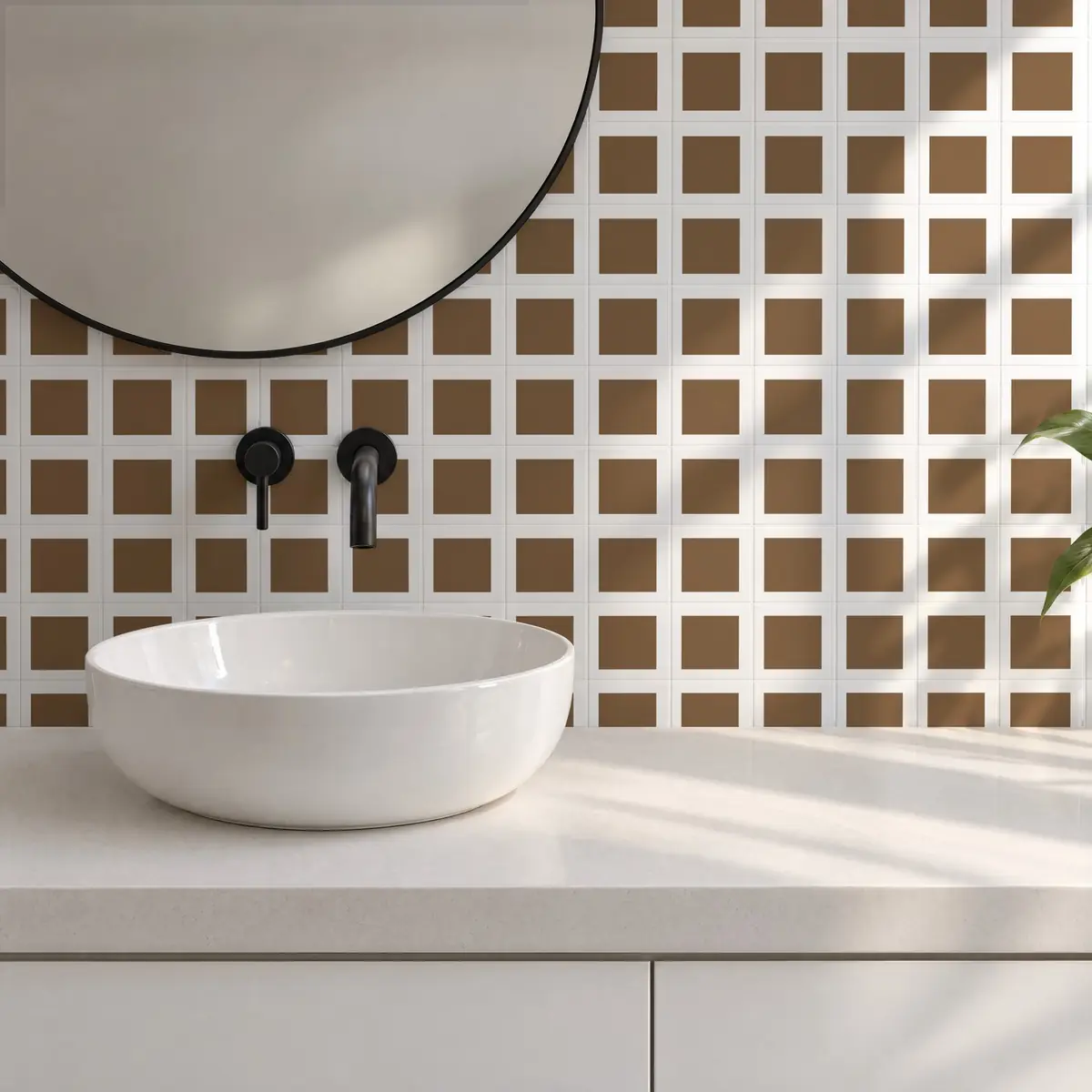 Baño alicatado con Azulejo Square Blanco Brillo 10x10 Marrón Caramelo