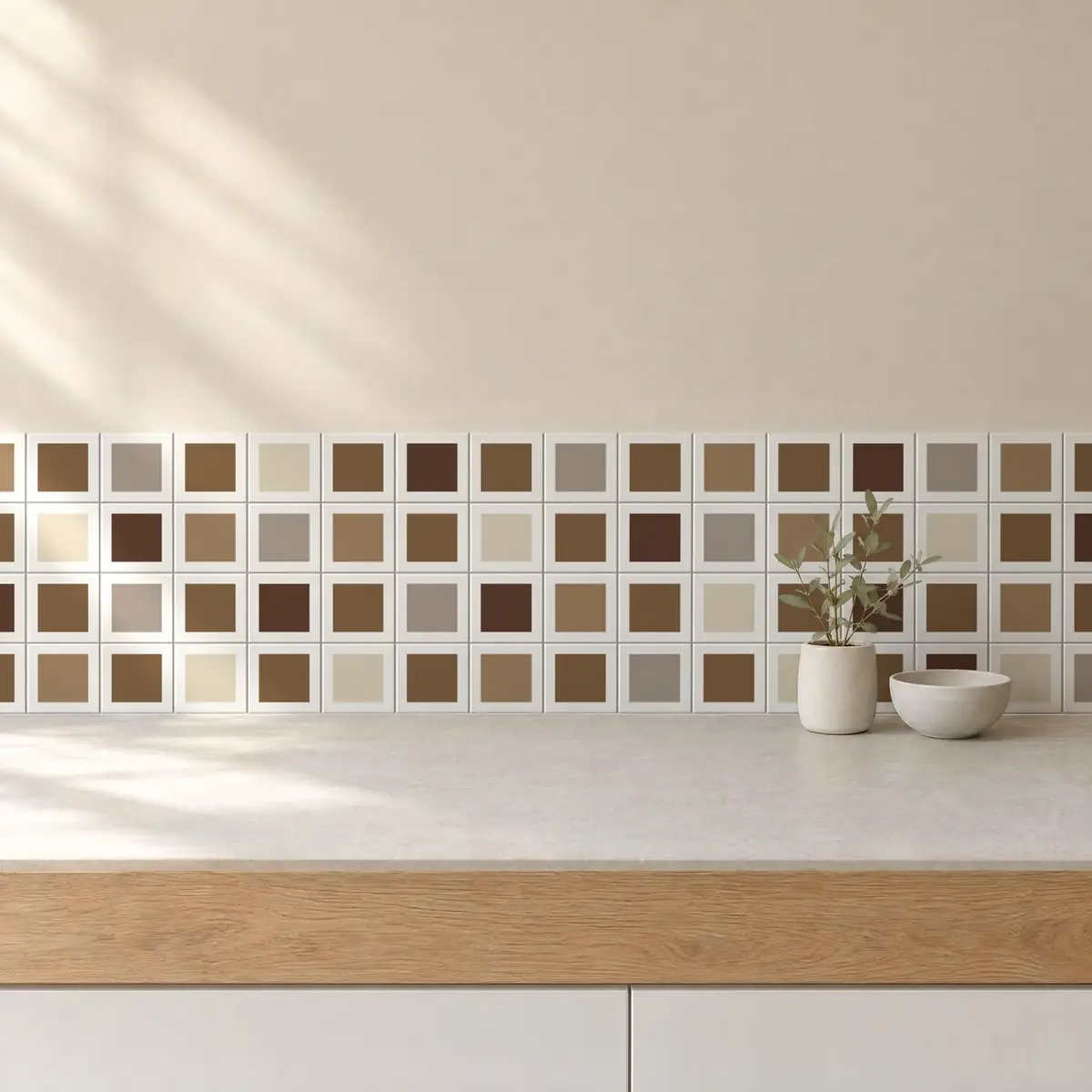 Cocina con Azulejo Square Blanco Brillo 10x10 Marrón Caramelo combinado con otros colores