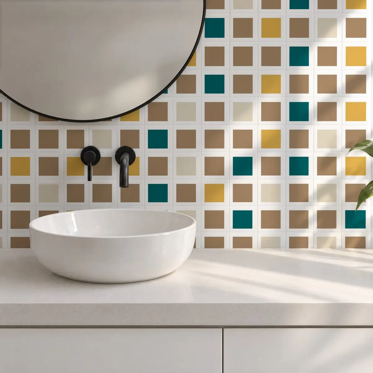 Baño alicatado con Azulejo Square Blanco Mate 10x10 Marrón Champiñón combinado con otros colores