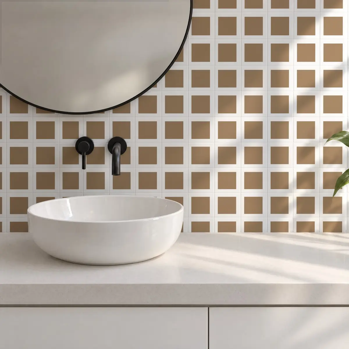 Baño alicatado con Azulejo Square Blanco Mate 10x10 Marrón Champiñón