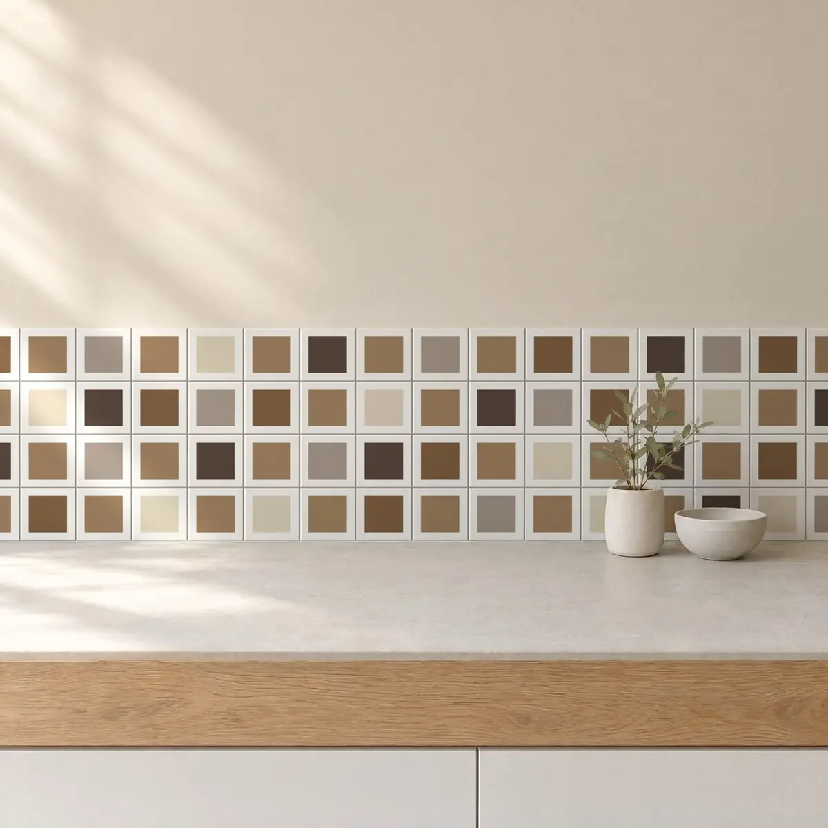Cocina con Azulejo Square Blanco Mate 10x10 Marrón Champiñón combinado con otros colores