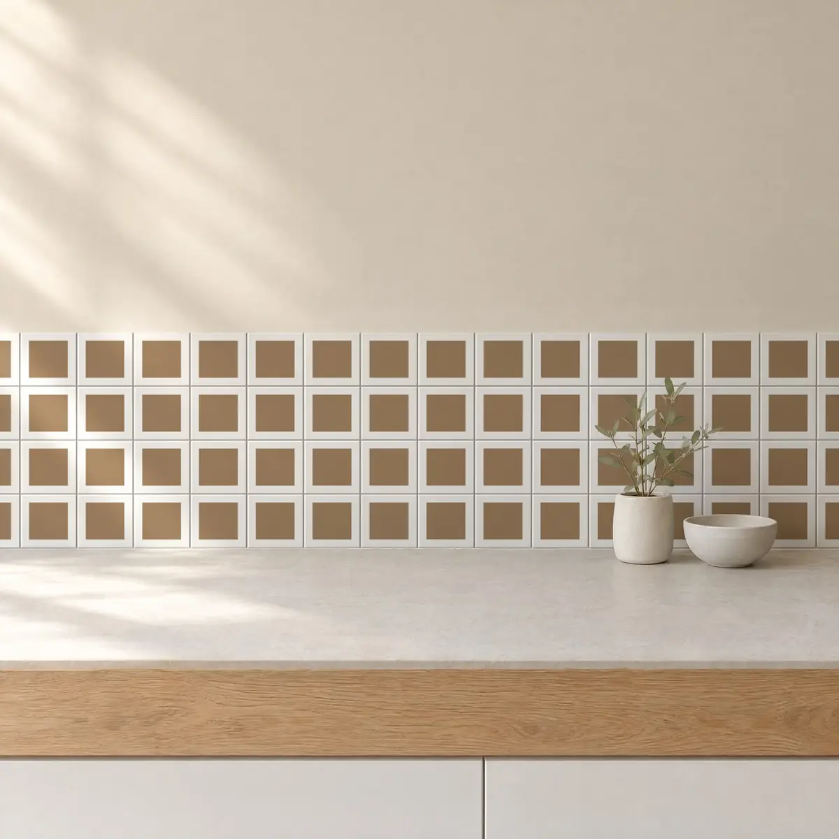 Cocina con Azulejo Square Blanco Mate 10x10 Marrón Champiñón de frente de encimera