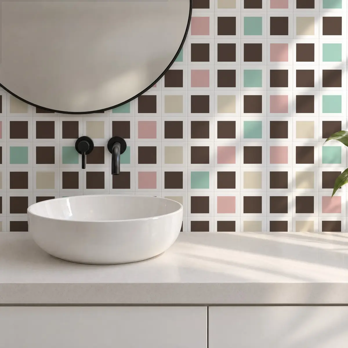 Baño alicatado con Azulejo Square Blanco Brillo 10x10 Marrón Chocolate combinado con otros colores