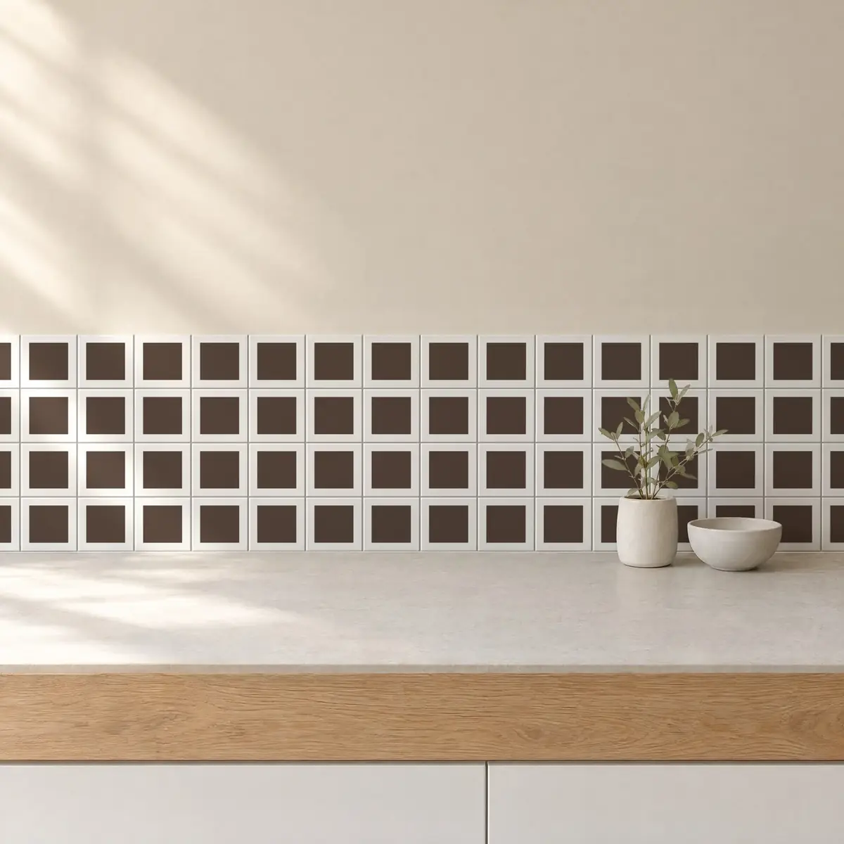 Cocina con Azulejo Square Blanco Brillo 10x10 Marrón Chocolate de frente de encimera