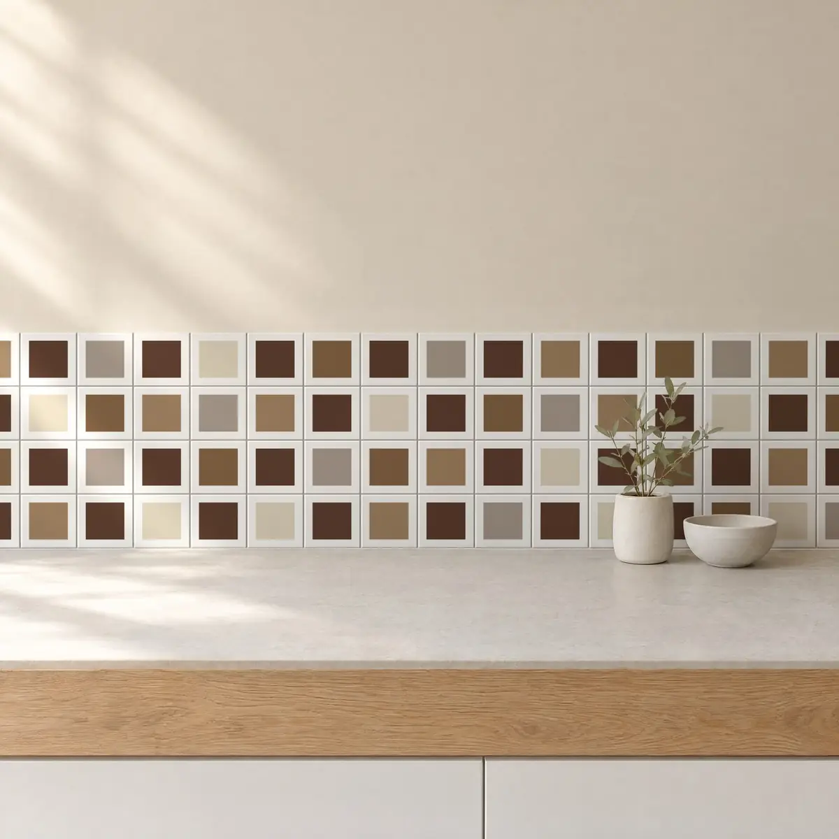 Cocina con Azulejo Square Blanco Brillo 10x10 Marrón combinado con otros colores