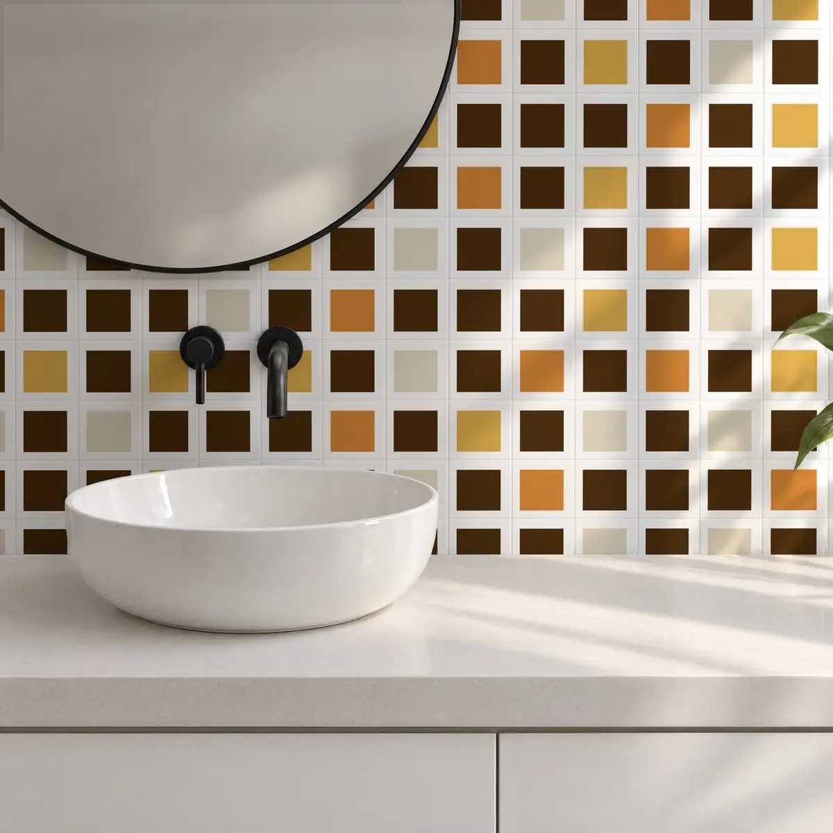 Baño alicatado con Azulejo Square Blanco Brillo 10x10 Marrón Mocca combinado con otros colores
