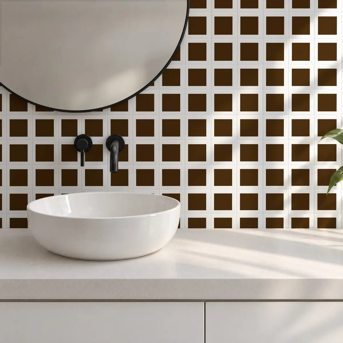 Baño alicatado con Azulejo Square Blanco Brillo 10x10 Marrón Mocca