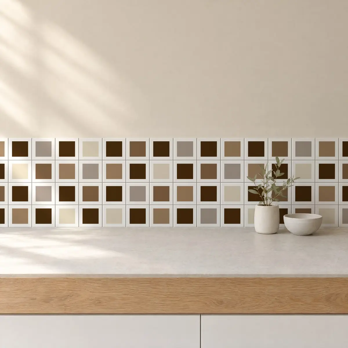 Cocina con Azulejo Square Blanco Brillo 10x10 Marrón Mocca combinado con otros colores