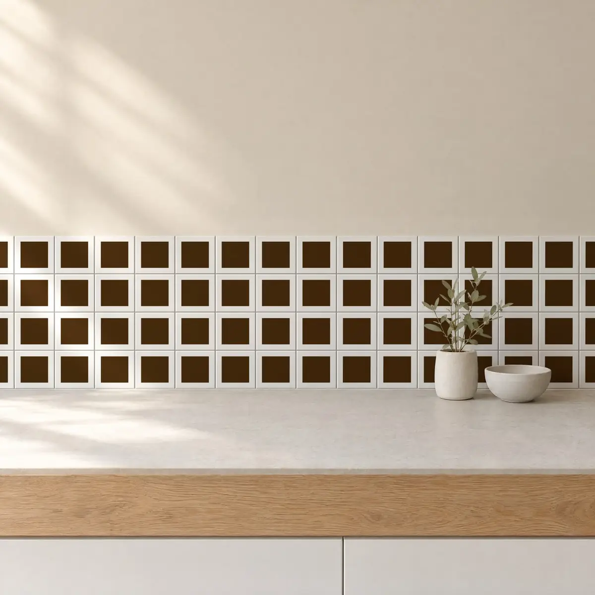 Cocina con Azulejo Square Blanco Brillo 10x10 Marrón Mocca de frente de encimera