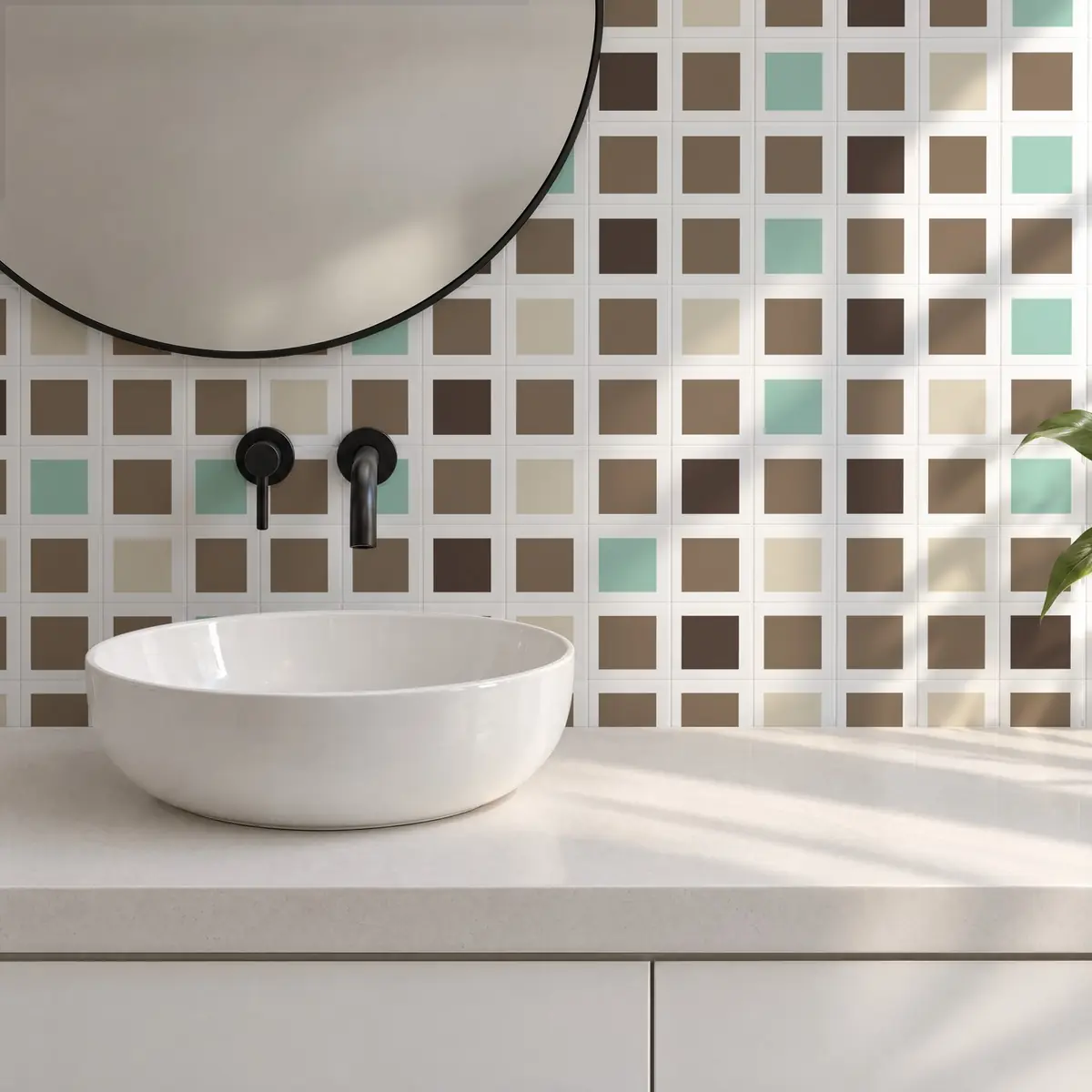 Baño alicatado con Azulejo Square Blanco Brillo 10x10 Marrón Piedra combinado con otros colores